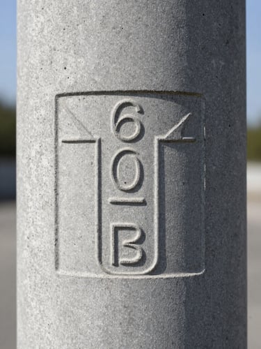 Extreme close-up of a stamped homologation mark and dimensional engraving on the surface of a gray concrete Double T pole, natural daylight, sharp focus on embossed digits, rough concrete texture visible