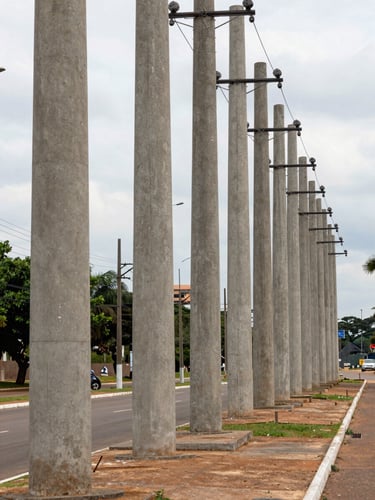 Wide-angle daylight shot of a row of concrete circular poles installed along an urban avenue in Brasília, shot from street level looking down the line — poles receding into the distance, electrical distribution lines attached, no people, overcast natural light, industrial gray concrete surface texture visible