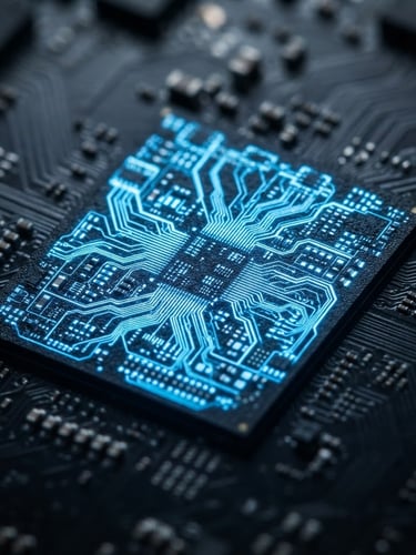 Macro close-up of a sleek mobile system-on-chip processor, glowing electric-blue circuitry paths, dark obsidian silicon texture, sharp studio lighting, shallow depth of field