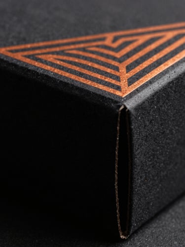 Extreme macro product photography of a luxury black cardboard box edge with crisp embossed hot-copper orange geometric patterns, dramatic side-lighting, deep shadows, ultra-sharp focus, 35mm