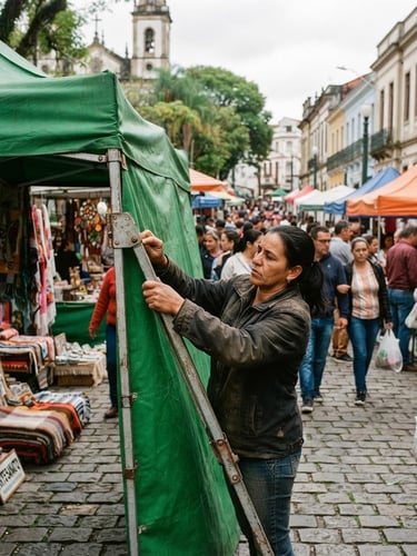 Wide panoramic view of a bustling outdoor street market in Curitiba under overcast daylight, focusing on a vendor setting up a green tent, with hands adjusting a metal frame, showing texture and durability, eye-level shot.