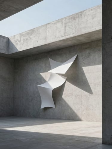 Wide architectural composition of clean concrete lines and abstract paper-sculpture shadows under cool, diffused daylight.