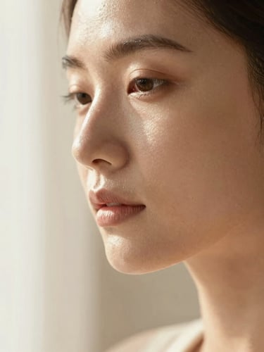 Close-up portrait of a woman with naturally hydrated, glowing skin, soft diffused morning light, warm shadows, cream tones, slightly off-center to the right