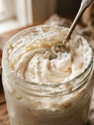 Macro close-up of thick, whipped cream texture being swirled in a glass jar, soft diffused morning window light, warm shadows, cream and earth tones, shallow depth of field.