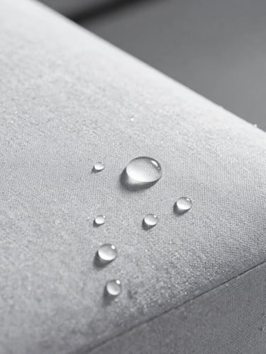 Macro close-up of water droplets beading perfectly on a treated grey fabric sofa, clean and high-contrast, bright natural daylight, 35mm lens