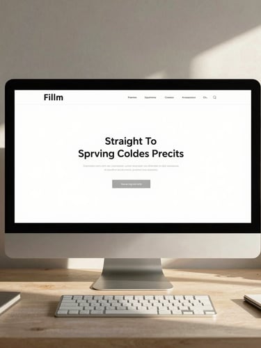 Straight-on desktop mockup of a clean, minimalist website on a modern display, warm morning light casting soft shadows on a linen-textured desk with a notebook.