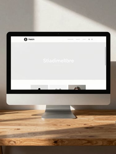 Straight-on desktop mockup of a clean website interface on a warm-toned wooden desk, soft morning light, natural shadows, editorial feel.