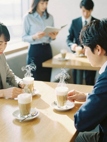 Candid lifestyle shot of a corporate team collaborating in a light-filled Tokyo hotel lounge, warm morning light, steaming flat whites on the wooden table, 35mm film look