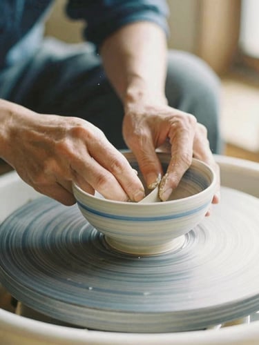 Close-up of a Japanese craftsman's hands carefully shaping a ceramic bowl on a wooden wheel, warm natural light, shallow depth of field.