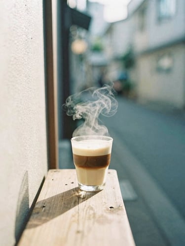 Candid lifestyle photo of a quiet Tokyo alleyway in Shibuya at morning light, a steaming flat white on a small wooden ledge, warm 35mm film aesthetic.