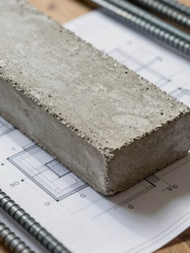 Close-up of premium construction materials, raw textured concrete, steel reinforcement bars, architectural blueprints laid out on a wooden table, sharp focus, morning light