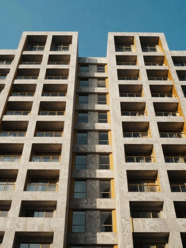 Symmetrical architectural elevation of a modern multi-story commercial plaza in Gulberg Greens, Islamabad, sharp concrete lines, warm gold accents, bright blue sky.