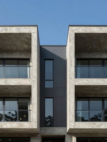 Symmetrical architectural elevation of a modern concrete and steel villa under bright Islamabad daylight, sharp geometric lines, clear blue sky background.