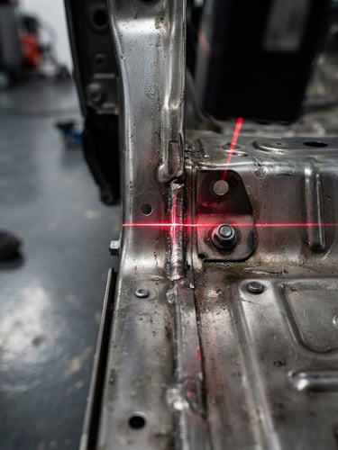 Tight macro shot of a laser alignment guide projecting a crisp red line onto a metallic car chassis on a clean workshop floor, sharp focus, 50mm lens