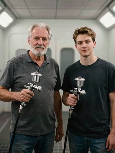 Honest portrait of a senior automotive painter and his son standing side-by-side in a clean, modern pressurized paint booth, holding professional spray guns, warm overhead task lighting