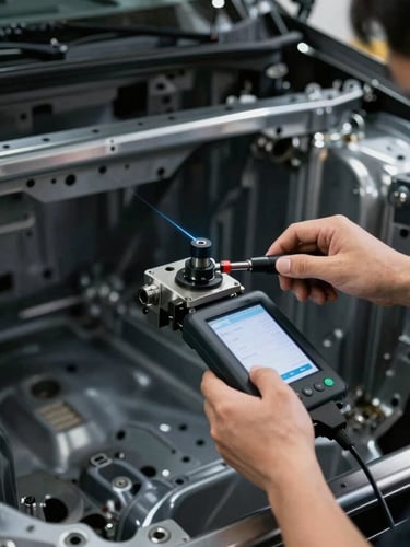 Close-up of a technician using a digital laser alignment system on a metallic car chassis frame, sharp high-contrast workshop lighting, rich charcoal and steel tones.