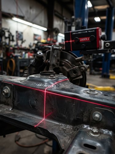 Macro shot of a high-end laser alignment system projecting a crisp red line onto a charcoal metallic car chassis, sharp focus, industrial workshop lighting
