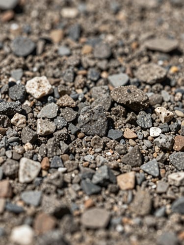 Extreme macro close-up of high-quality crushed gravel and sand texture, sharp details, high-contrast natural daylight, industrial grit.