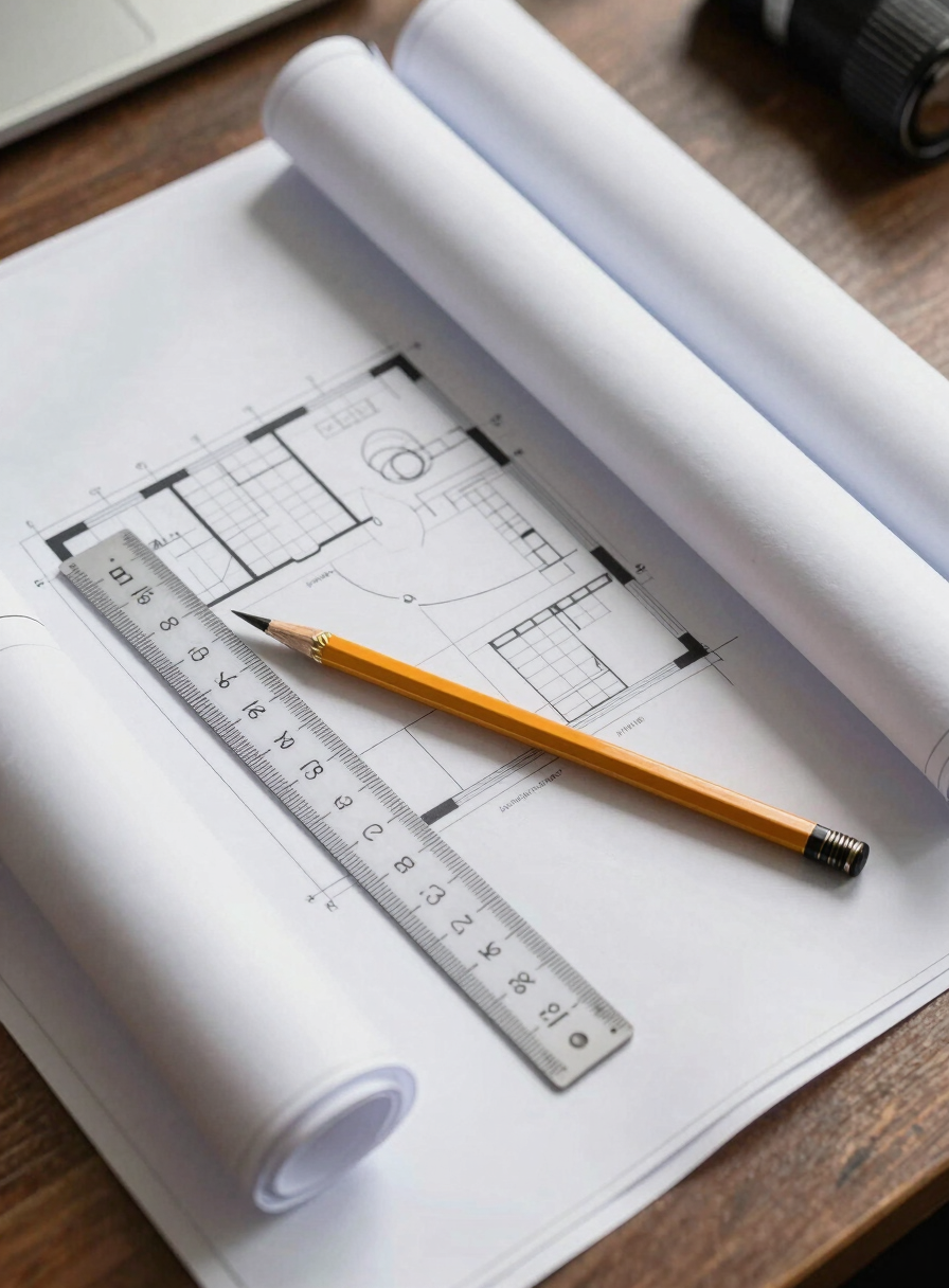 Close-up overhead shot of an architect's desk — rolled construction drawings, a ruler, pencil marks on a floor plan, natural office daylight raking across the paper surface
