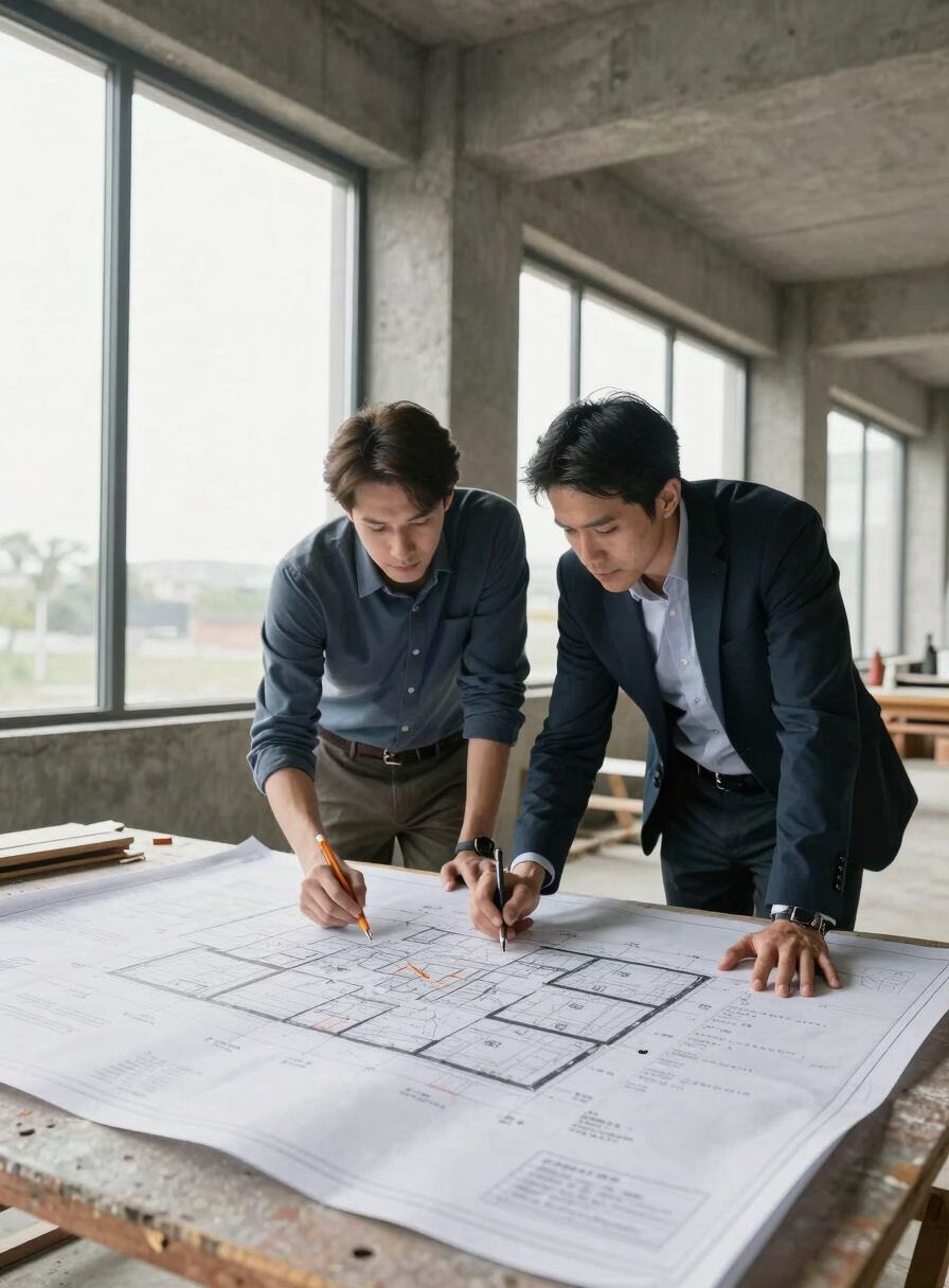 Wide medium shot of two architects leaning over a large site plan spread on a construction table, natural daylight from tall windows on the left, concrete columns visible behind them, pencil markings and measurement notes on the drawings in sharp focus