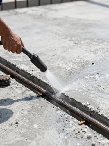 Close-up of a worker using a high-pressure water jet to clean exposed steel reinforcement bars in a concrete slab, bright daylight, high contrast, water droplets, sharp industrial textures