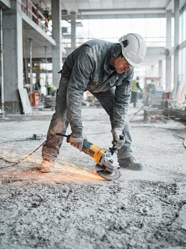 Sharp industrial photography of active concrete grinding with safety sparks, high-contrast concrete textures, bright natural daylight, cool grey tones, 35mm lens