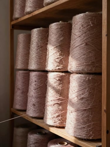 Wide studio interior, right-side framing — rolls of undyed linen stacked against a warm-brown wooden shelf, north-facing daylight washing across the raw fiber surface, a weaver's hands visible at the edge pulling a thread, muted dusty-rose and caramel tones, no color correction