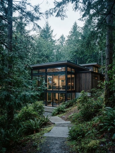Crisp editorial photo of a modern Seattle home nestled in lush green pine trees under soft overcast morning daylight, architectural framing, 35mm lens