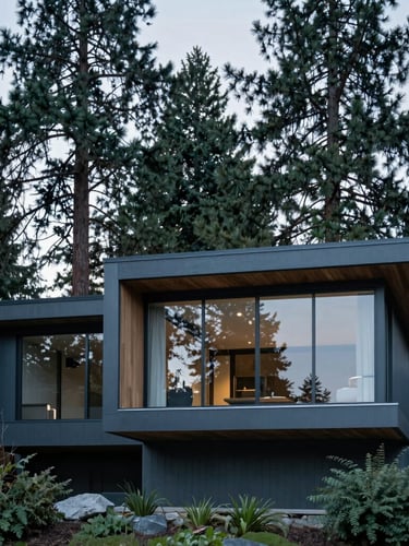 A modern Pacific Northwest home with large glass panels nestled under a lush pine canopy, soft overcast daylight, cool blue tones, architectural framing, 35mm lens.