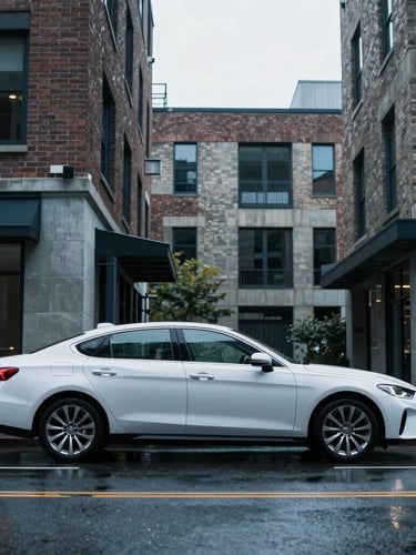 A clean high-end vehicle parked on a wet street in downtown Seattle, modern brick architecture in background, soft cool overcast light, 35mm lens.