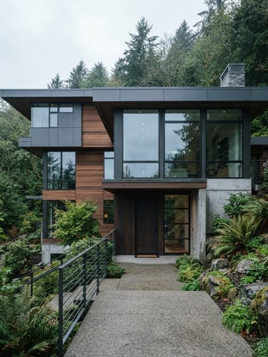 Crisp editorial photography of a modern Seattle home in soft overcast daylight, architectural framing, cool blue and slate tones, 35mm lens.