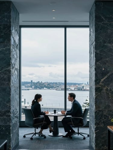 A professional consultation in a modern Seattle office overlooking the harbor, cool morning light, architectural framing, slate blue tones, 35mm lens