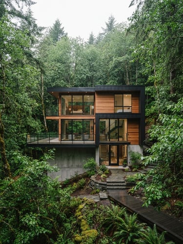A crisp editorial photograph of a modern Seattle home nestled in lush green trees under cool overcast daylight, 35mm lens