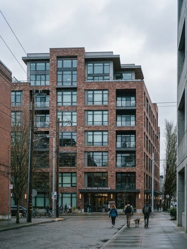 Crisp editorial photograph of a modern brick office building on Western Avenue in Seattle, soft overcast morning daylight, cool slate blue tones, architectural framing, 35mm lens.