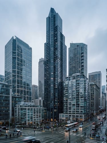 Crisp architectural view of downtown Seattle office buildings in soft overcast morning light, cool blue slate tones, 35mm lens framing