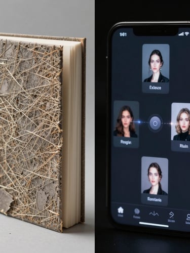 Split-screen composition showing a textured physical art book alongside its kinetic digital interface counterpart, high-contrast studio lighting, cold screen-glare reflections