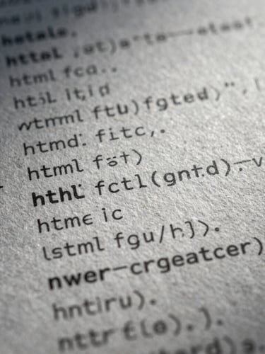 Extreme close-up of raw HTML code overlaid on textured heavy paper stock, sharp shadows, cold screen-glare reflections.