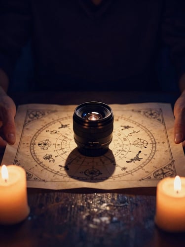 Hands holding an ancient hand-drawn astrological chart under warm candlelight, dramatic shadows, mystical esoteric photography, 35mm lens