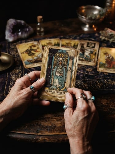 Mystical esoteric photography, hands holding ancient tarot cards over a dark wooden table, warm candlelight, deep indigo and gold tones, 35mm lens