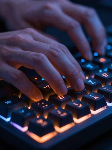 Extreme close-up of a competitive gamer's hands on a mechanical keyboard, neon blue and orange ambient LED glow, sharp focus, 35mm