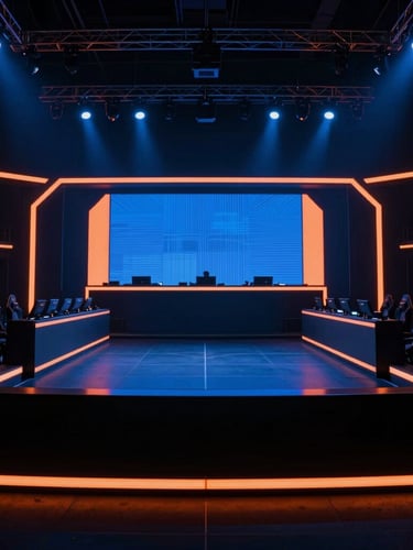 high-contrast esports photography, empty tournament stage in Yulee Florida with cool blue and neon orange ambient LED lighting, wide angle, sharp focus, 35mm