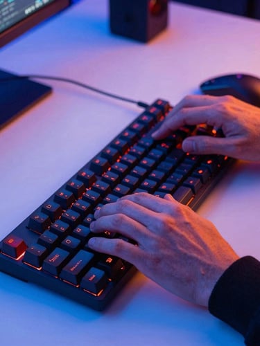 high-contrast esports photography, cool blue and neon orange ambient LED light, close-up of player hands on mechanical keyboard on a stark white desk, sharp focus, 35mm