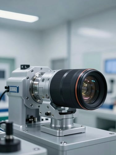 Sharp close-up of high-tech industrial components in a clean, cool-toned daylight warehouse environment, 35mm lens