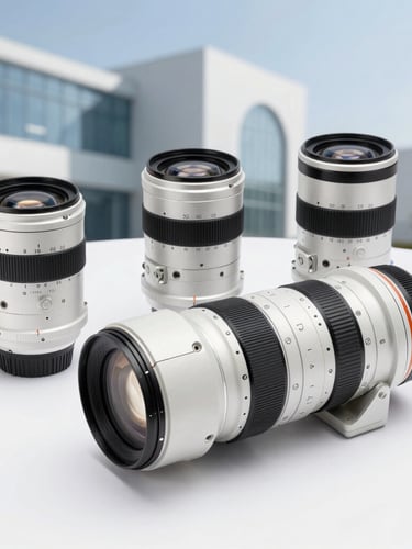 Sharp technical details of high-tech industrial components arranged on a clean white surface, cool-toned studio lighting, professional product photography, 35mm lens