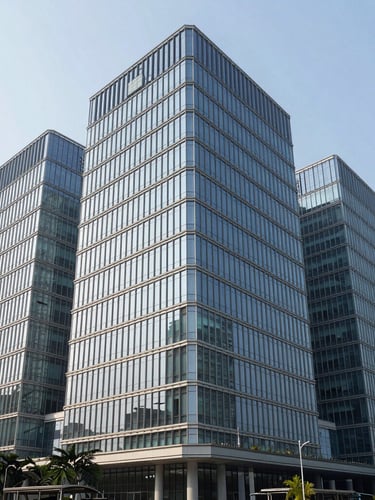 Wide architectural shot of a modern glass corporate headquarters in Jakarta, clean cool-toned morning daylight, professional corporate photography, 35mm lens