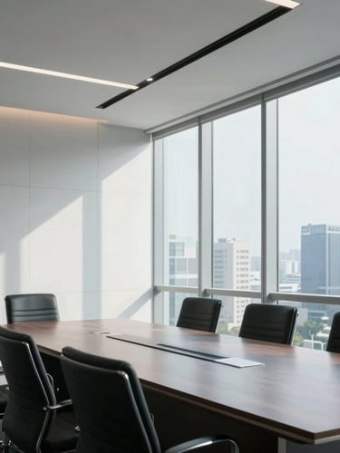 A professional corporate boardroom in Jakarta, sharp architectural lines, cool daylight streaming through floor-to-ceiling windows, minimalist design, 35mm lens