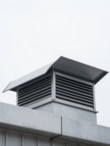Low-angle architectural shot looking up at an installed double flap smoke vent on a modern industrial roof, bright overcast daylight, cool metallic tones, sharp focus, 35mm