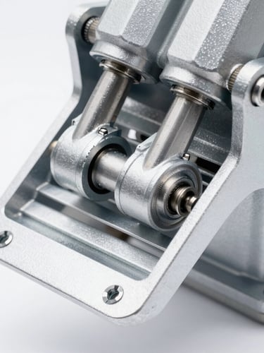 Tight macro shot of a heavy-duty pneumatic actuator linkage on an aluminum flap vent, crisp studio lighting highlighting metal textures, sharp focus, 35mm