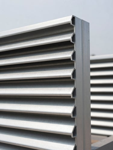 Crisp industrial close-up of a heavy-duty aluminum louver profile, bright daylight reflecting off the metallic edge, clean architectural backdrop, sharp focus, 35mm