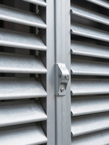 Close-up macro shot of heavy-duty aluminum louvers and mechanical linkages, crisp industrial daylight, cool metallic tones, sharp focus
